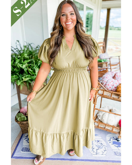 PLUS SIZE Notched V Neck Puff Sleeve Tiered Maxi Dress