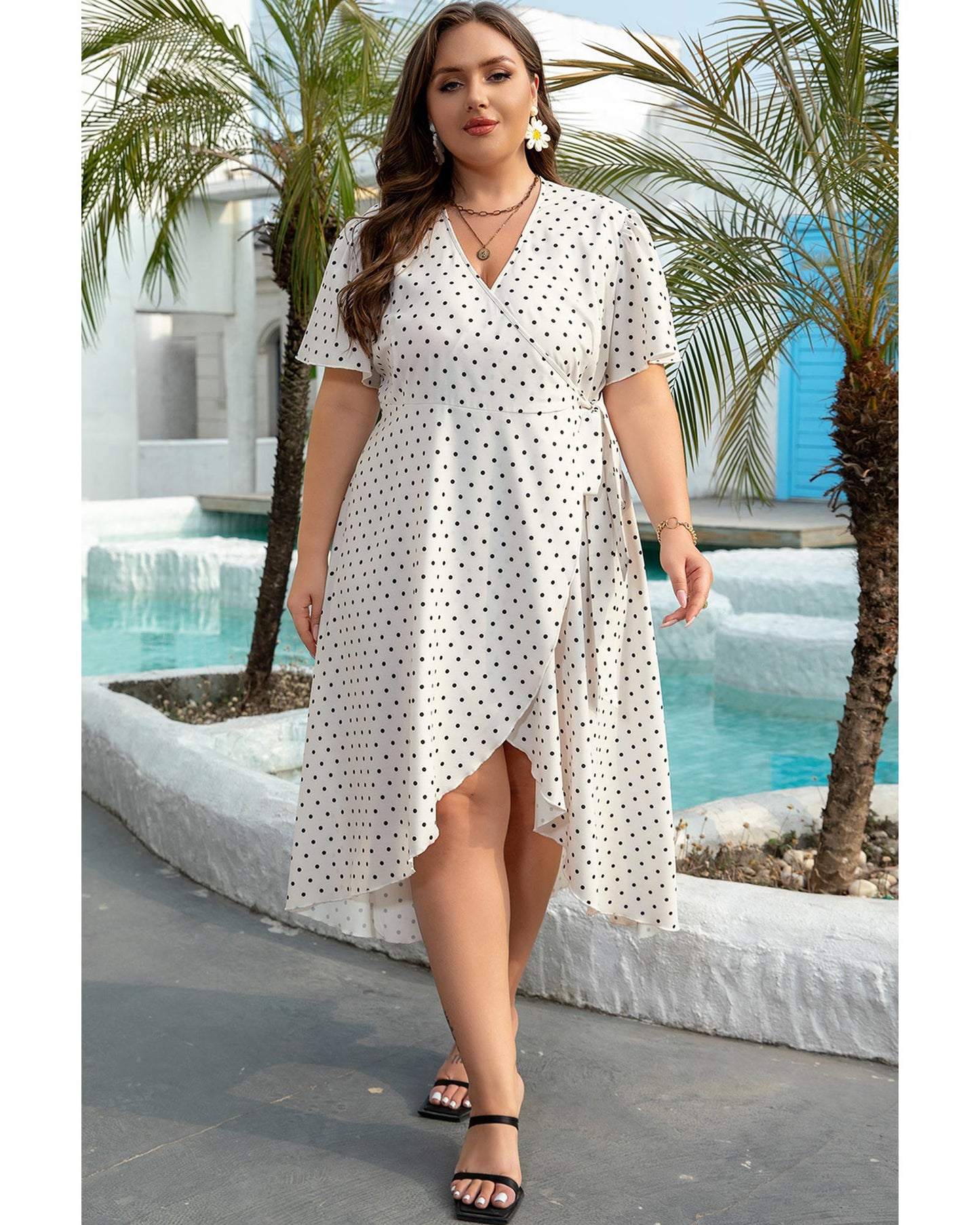 Khaki Polka Dot Surplice V Neck Tied Waist Midi Dress