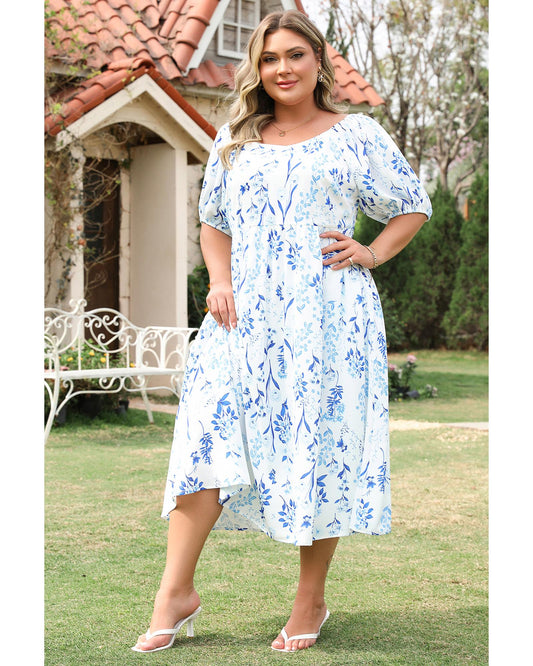 PLUS SIZE Sky Blue Floral Print Sweetheart Neck Midi Dress