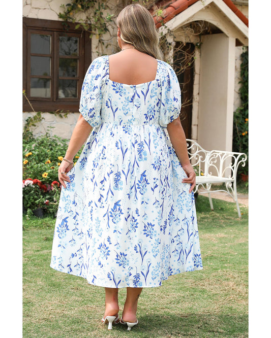 PLUS SIZE Sky Blue Floral Print Sweetheart Neck Midi Dress