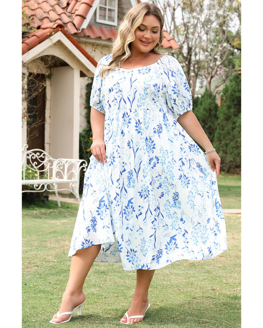 PLUS SIZE Sky Blue Floral Print Sweetheart Neck Midi Dress