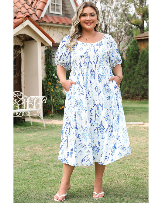 PLUS SIZE Sky Blue Floral Print Sweetheart Neck Midi Dress