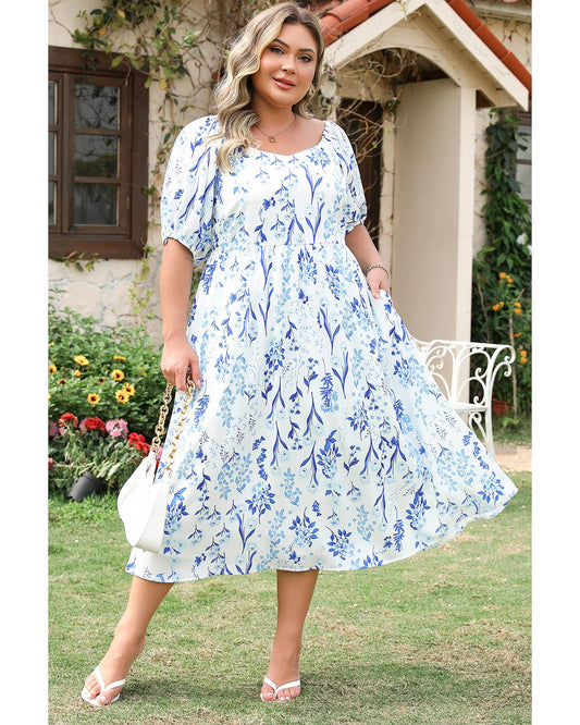 PLUS SIZE Sky Blue Floral Print Sweetheart Neck Midi Dress