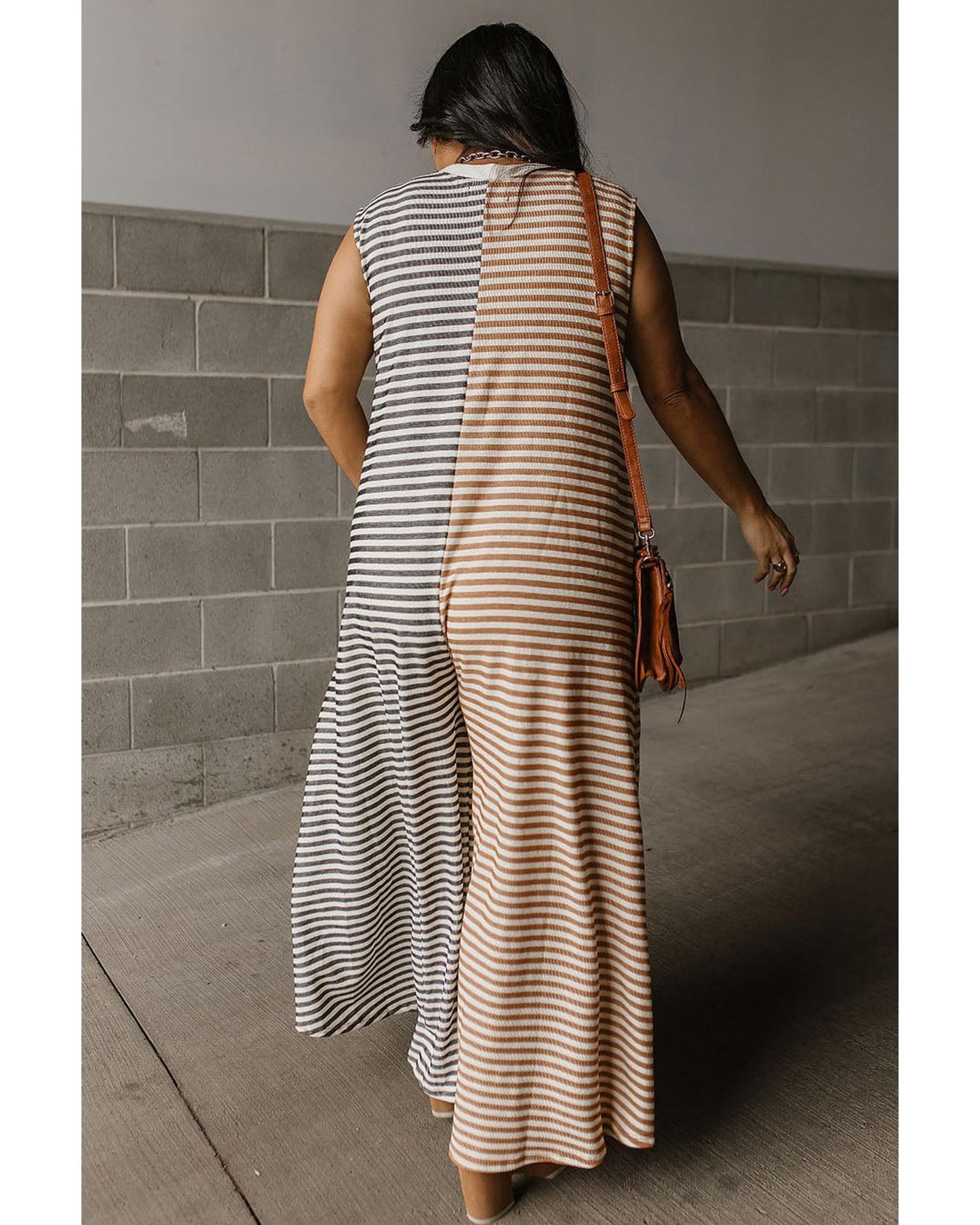 Gray Stripe Plus Size Buttoned Wide Leg Jumpsuit