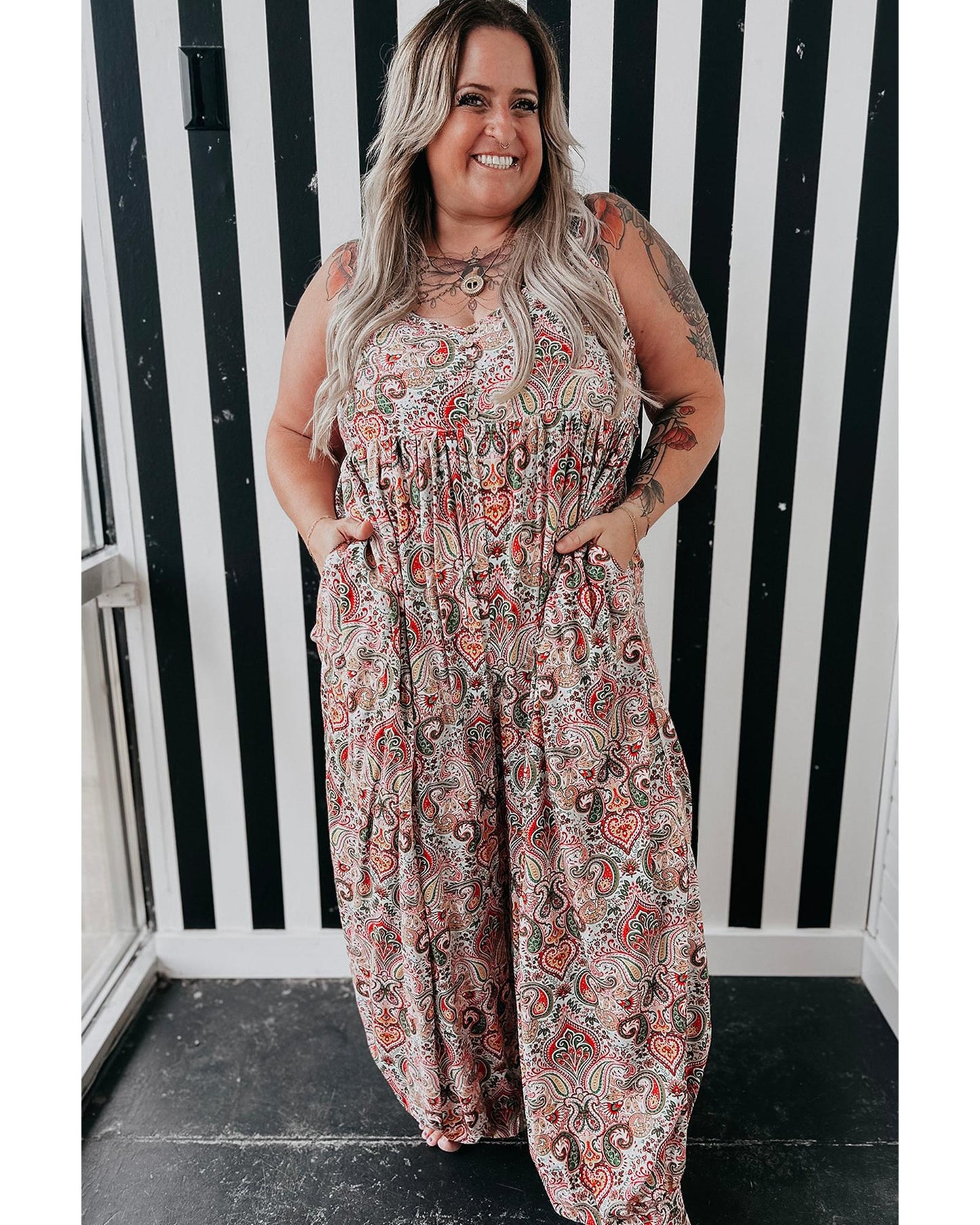 Plus-size Paisley Print Sleeveless Jumpsuit
