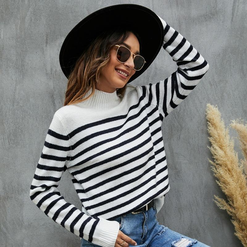 Striped Knitwear Loose Stand-Up Collar Sweater