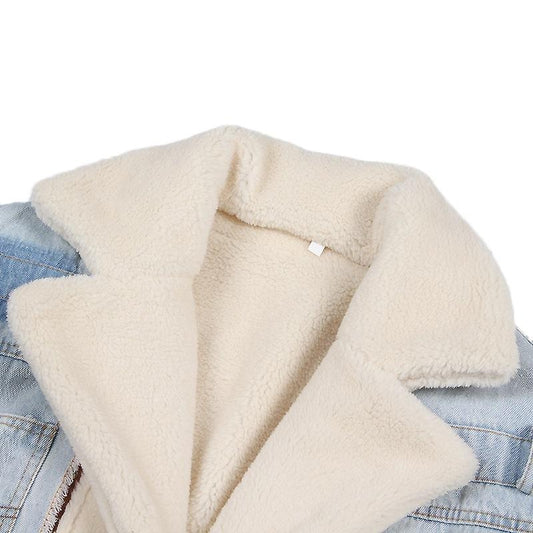 Plush Thick Denim Stitching Lamb Fur Lapel Cotton Jacket - Black Xxl