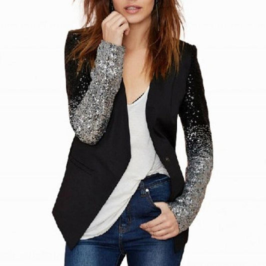 Sequins Slim Casual Women Suit - Black Xxxl