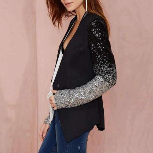 Sequins Slim Casual Women Suit - Black Xxxl