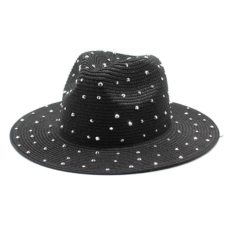 Wide-Brim Straw Hat with Rhinestones