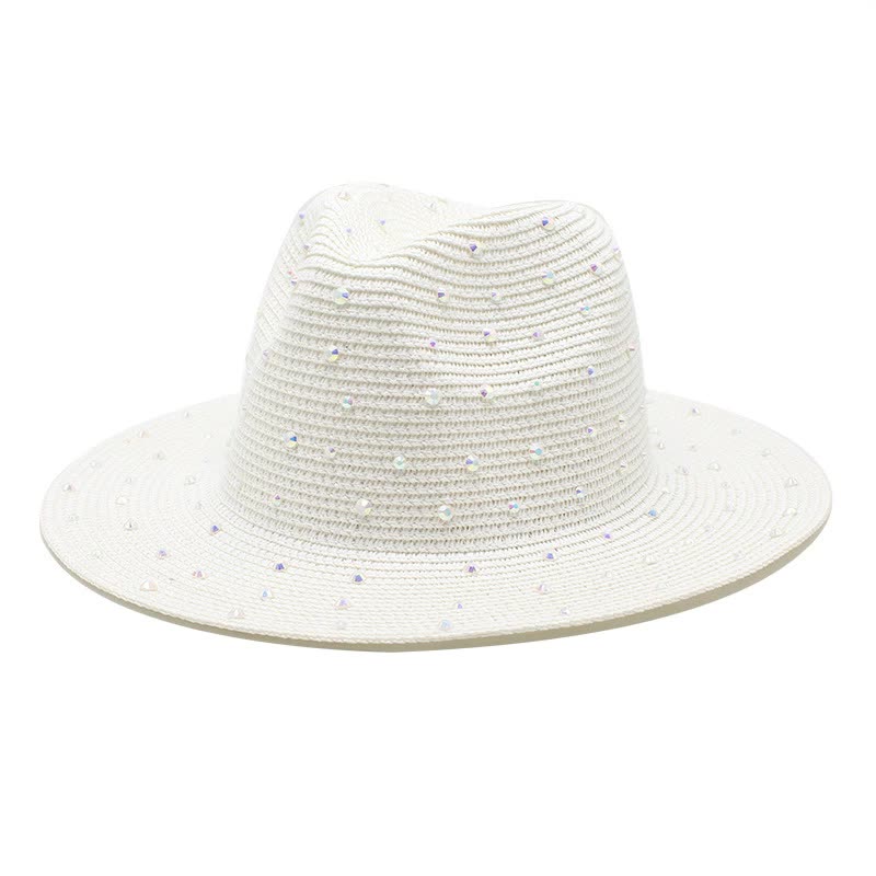 Wide-Brim Straw Hat with Rhinestones