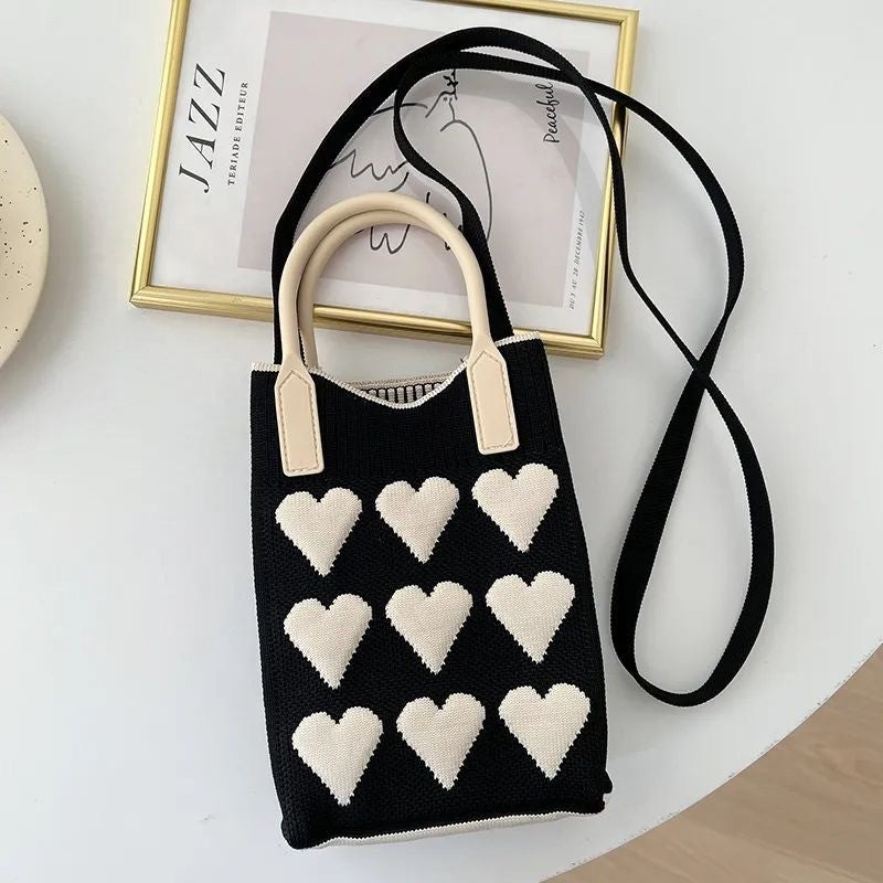 Cute Heart Knit Phone Crossbody Bag