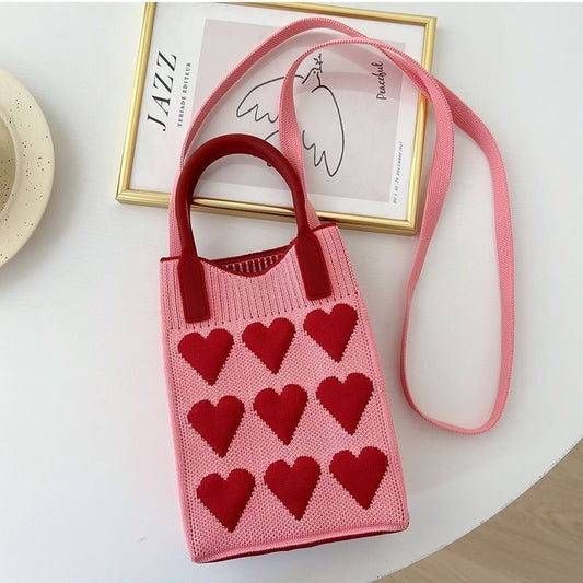 Cute Heart Knit Phone Crossbody Bag