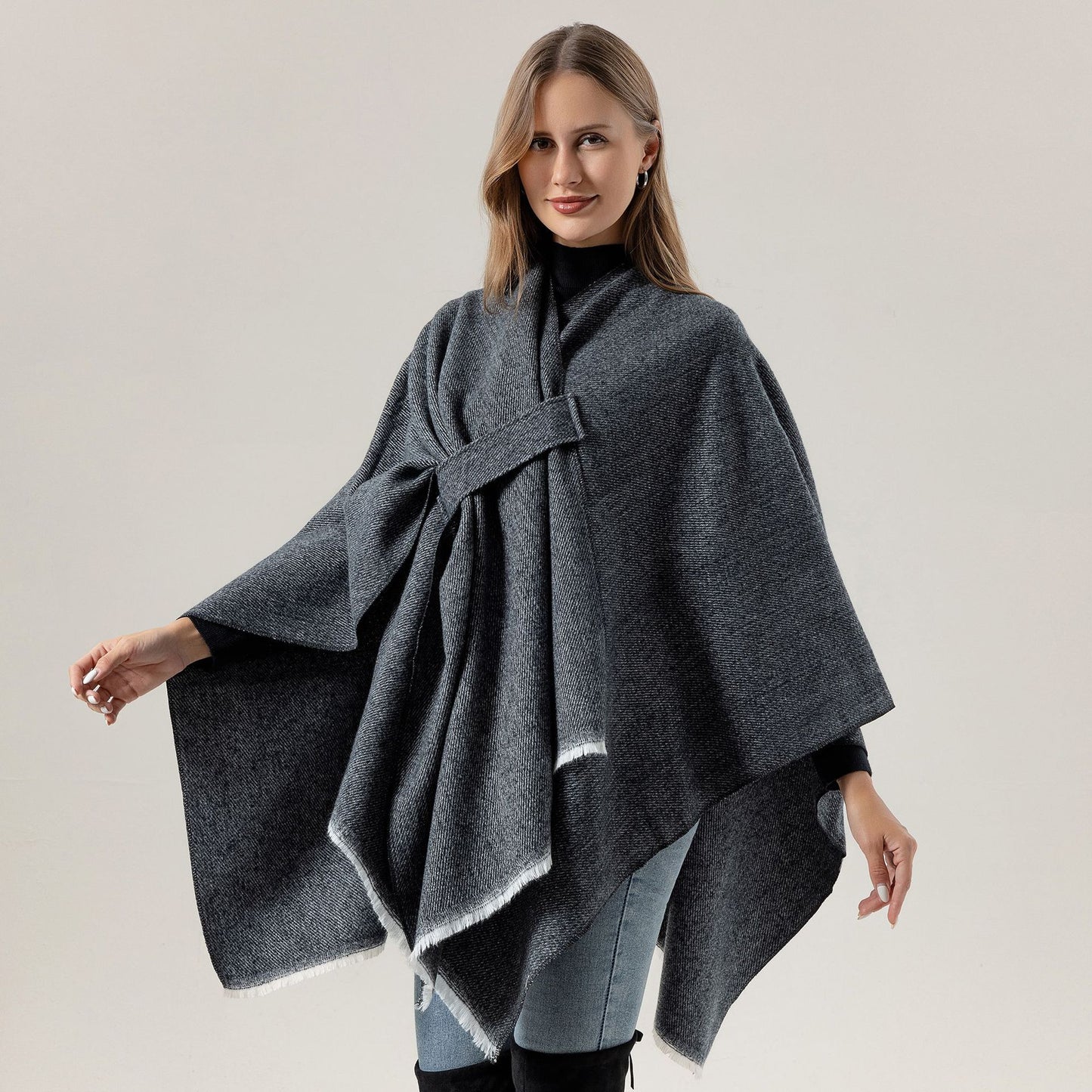 Solid Knit Poncho Shawl