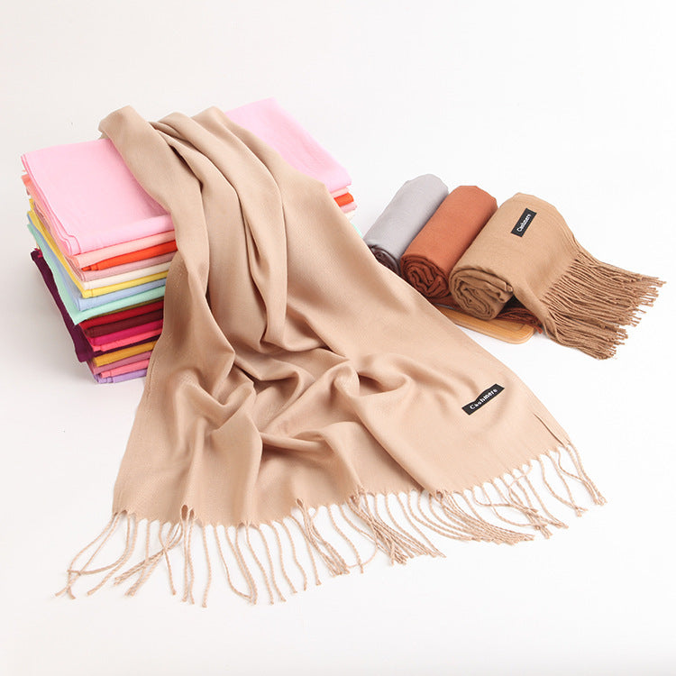 Warm Solid Tone Shawl with Elegant Fringe