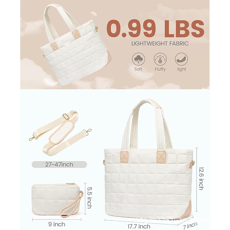 Lightweight Quilted Tote Bag with Clutch & Luggage Strap