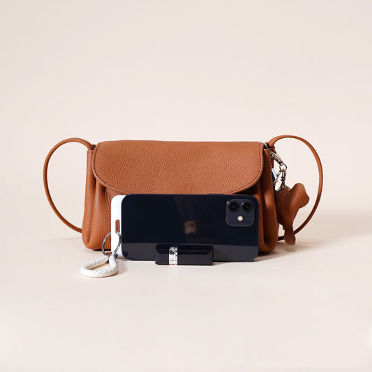 Leather Flap Crossbody Bag with Elephant Charm