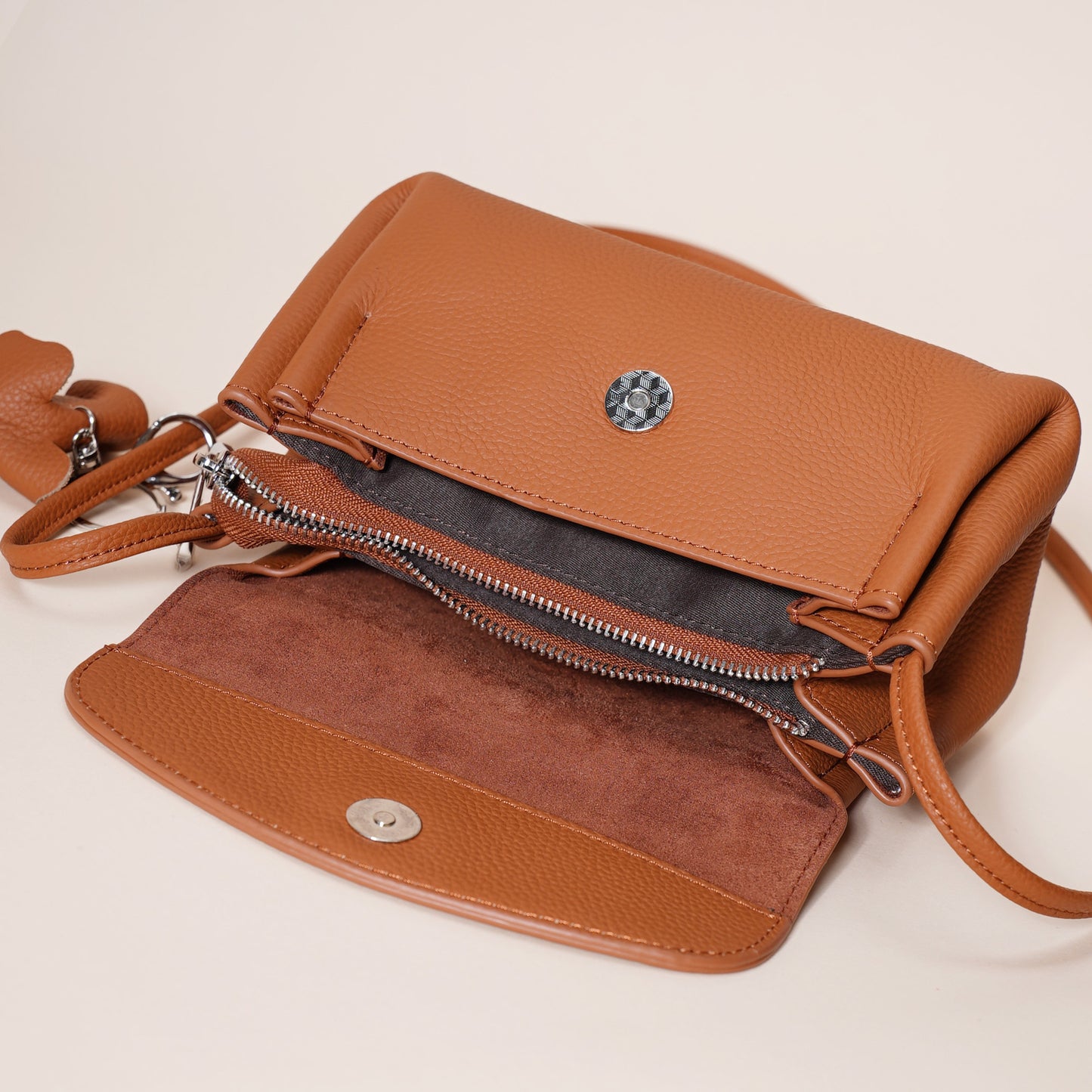 Leather Flap Crossbody Bag with Elephant Charm
