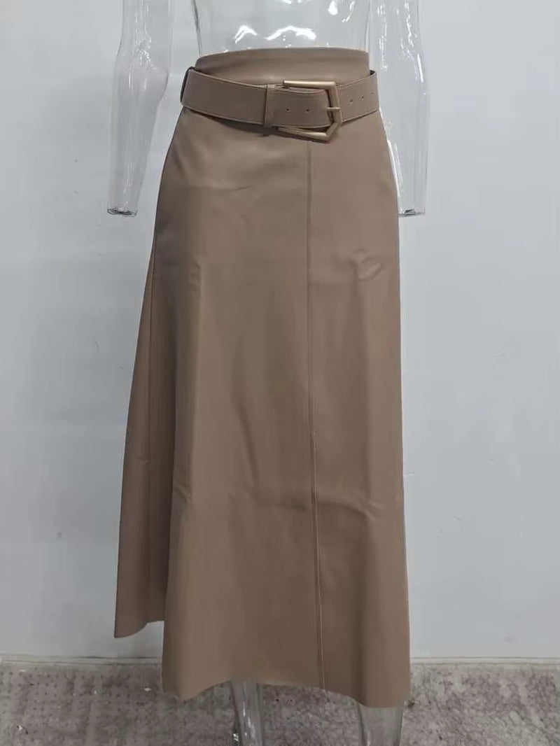 PU Leather Skirt Women Belt with Sashes Slim High Waist A-Line Elegant High Quality Causal Wild 2024 New Autumn HC004