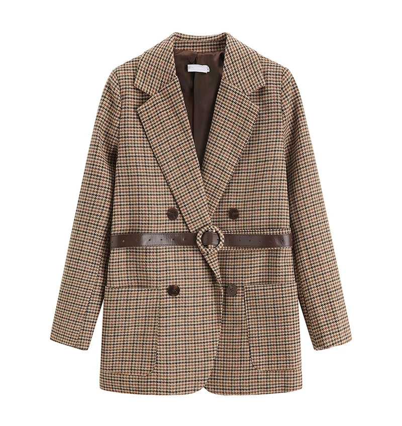 Vintage Houndstooth Winter Thick Women Jacket Blazer Sashes Plaid Female Suit Jacket with Belt Long Sleeve Blaser