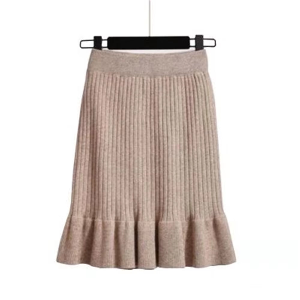 Women Skirt Knitted High Waist Pleated Lady Skirts Solid Elastic Mermaid Knitting Ribbed Autumn Winter Female Bottoms Two Types