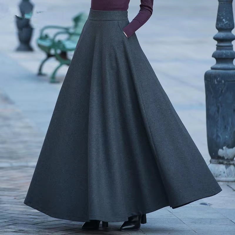 2025 Autumn Winter Retro High Waist Pleated Skirt Women Casual Pocket Woolen Maxi Skirt Female Flare Red Long Skirt