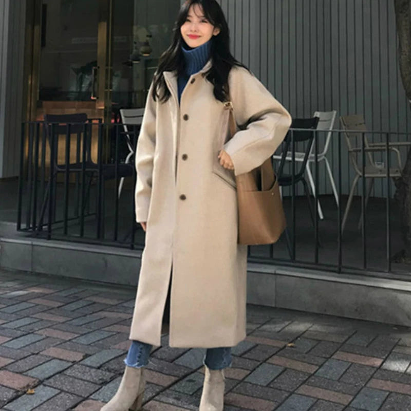 Long Turn-Down Collar Wool Coat 