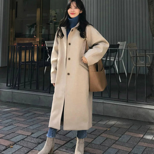 Long Turn-Down Collar Wool Coat 