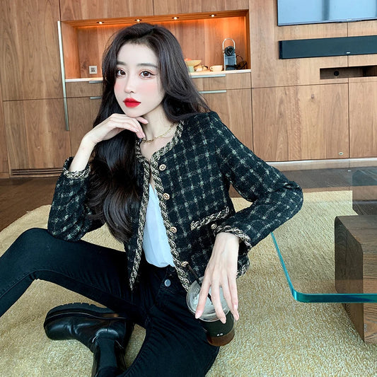 Korea New Arrive Temperament Retro Grid Short Woolen Jacket Women Autumn Spring Single Breasted Chic Tweed Coat