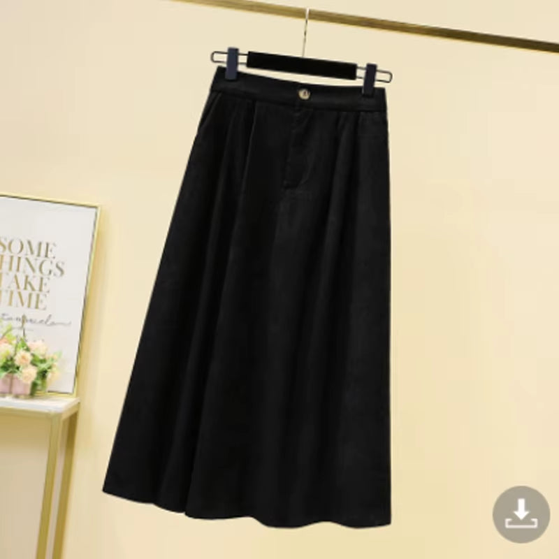 Women'S Corduroy Midi Skirt Loose Oversized A-Line Elastic Waist Thick Autumn Winter Lady Skirt Fashionable Female Clothing