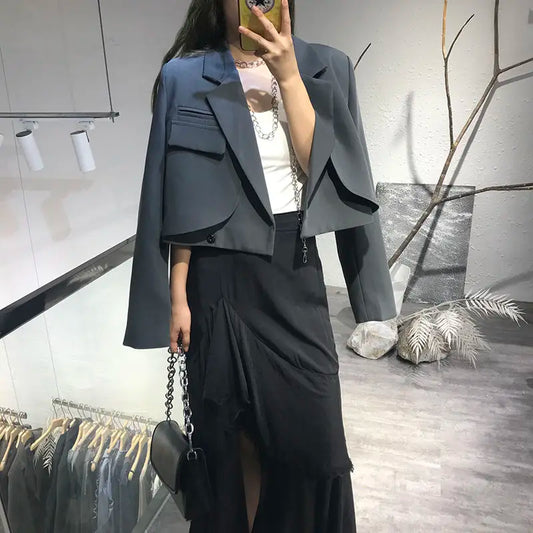 Elegant Chic Crop Suit Jacket for Women Long Sleeve Solid Color Short Blazer Outwear Ladies Korean Single Button Suit Top