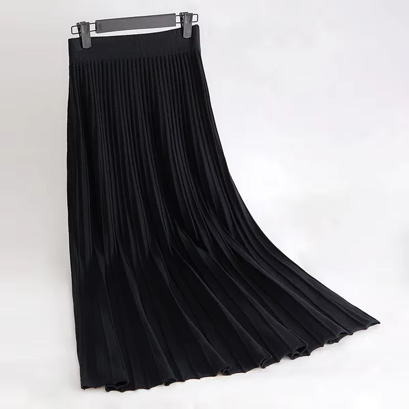 Women'S Autumn Draped Rib Pleated Long Knitted Skirt Elegant Winter Wool Blend A-Line Long Knit Skirt Elastic Waist