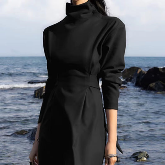Long High Waist Stand Collar with Belt Dress