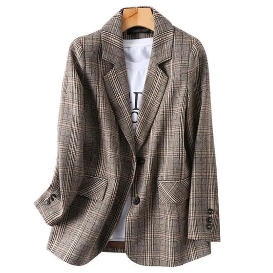 Vintage Single Breasted Office Ladies Plaid Blazer Long Sleeve Loose Plaid Coat Jacket Women Blazers Female 2022
