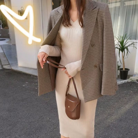 Vintage Double Breasted Office Ladies Plaid Blazer Long Loose Jacket Houndstooth Suit Coat Jacket Women Blazers Female 2021