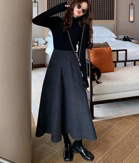Wool Knit Midi A-Line Skirt 