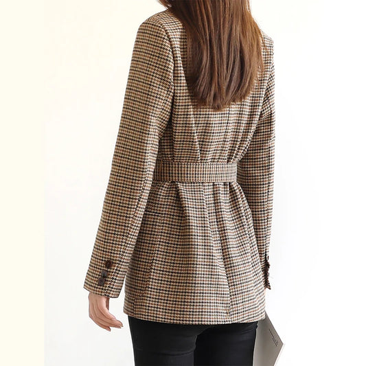 Vintage Houndstooth Winter Thick Women Jacket Blazer Sashes Plaid Female Suit Jacket with Belt Long Sleeve Blaser