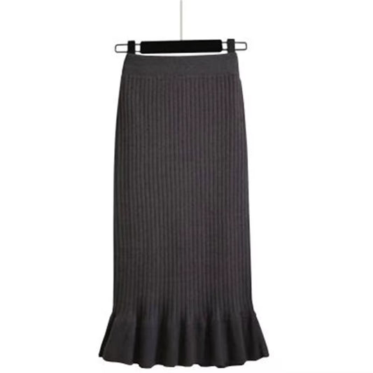 Women Skirt Knitted High Waist Pleated Lady Skirts Solid Elastic Mermaid Knitting Ribbed Autumn Winter Female Bottoms Two Types