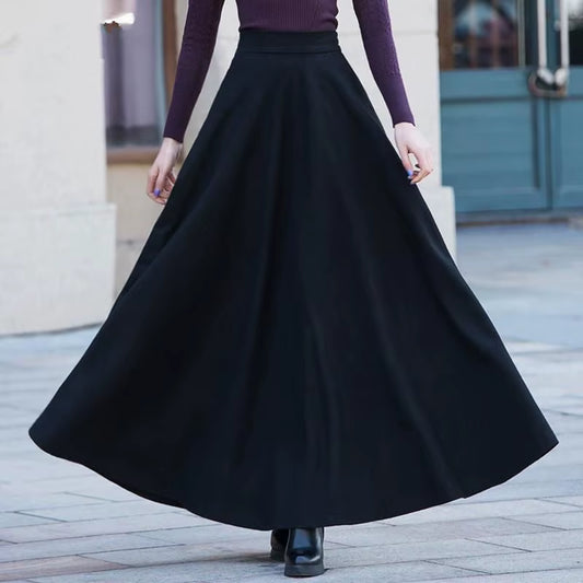 2025 Autumn Winter Retro High Waist Pleated Skirt Women Casual Pocket Woolen Maxi Skirt Female Flare Red Long Skirt