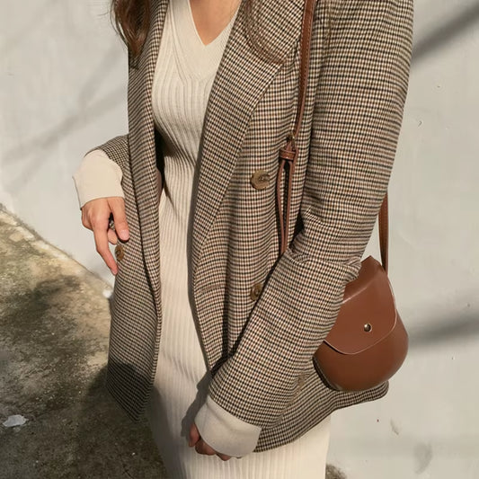 Vintage Double Breasted Office Ladies Plaid Blazer Long Loose Jacket Houndstooth Suit Coat Jacket Women Blazers Female 2021