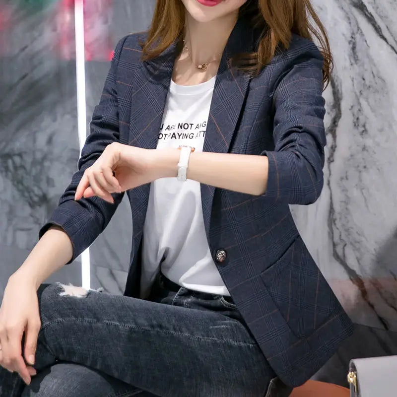 Single Button Plaid Blazer 