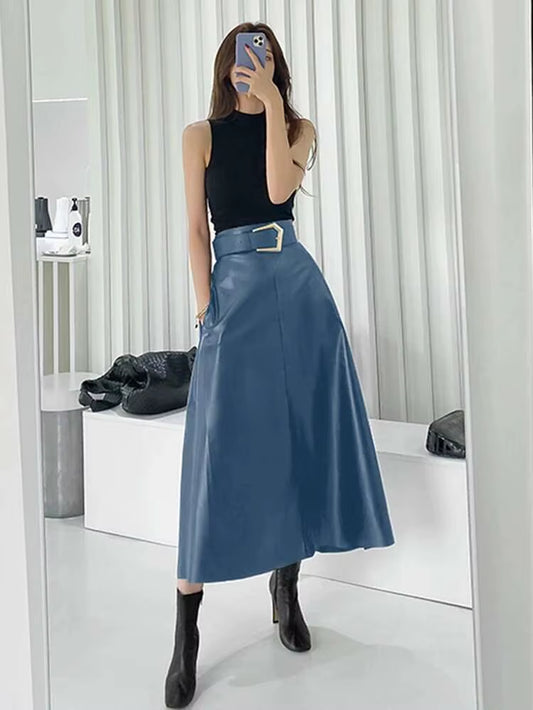 PU Leather Skirt Women Belt with Sashes Slim High Waist A-Line Elegant High Quality Causal Wild 2024 New Autumn HC004