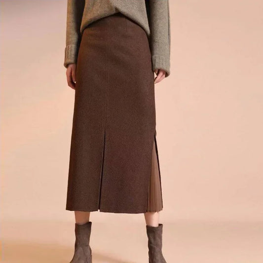 Mid-Length Woolen Split Pleated Skirt 