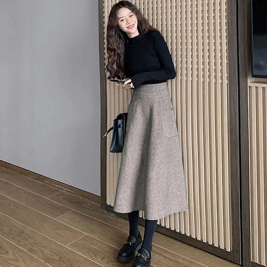 Wool Knit Midi A-Line Skirt 