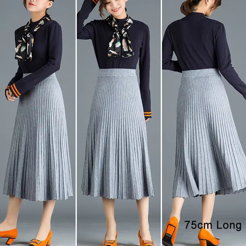 Women'S Autumn Draped Rib Pleated Long Knitted Skirt Elegant Winter Wool Blend A-Line Long Knit Skirt Elastic Waist