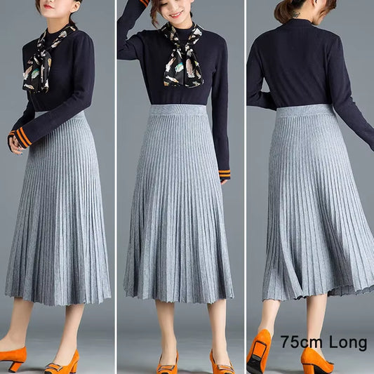 Women'S Autumn Draped Rib Pleated Long Knitted Skirt Elegant Winter Wool Blend A-Line Long Knit Skirt Elastic Waist