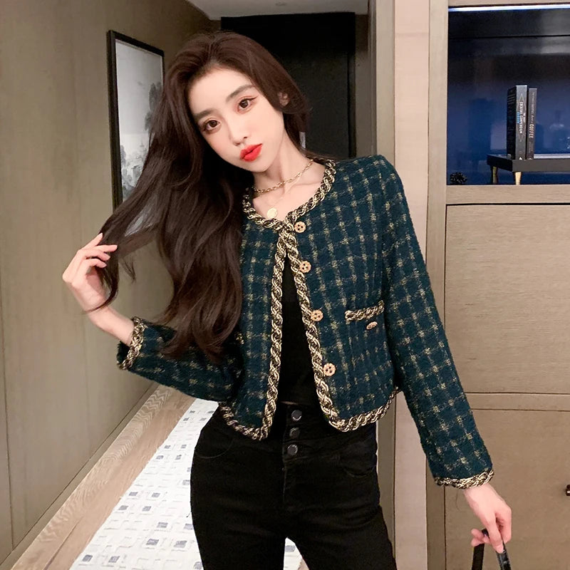 Korea New Arrive Temperament Retro Grid Short Woolen Jacket Women Autumn Spring Single Breasted Chic Tweed Coat
