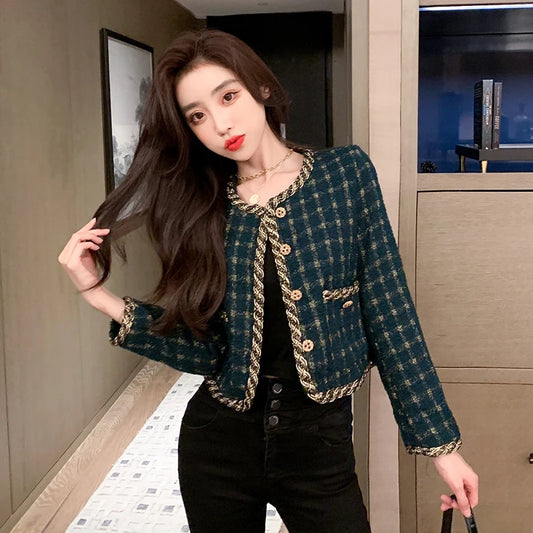 Korea New Arrive Temperament Retro Grid Short Woolen Jacket Women Autumn Spring Single Breasted Chic Tweed Coat