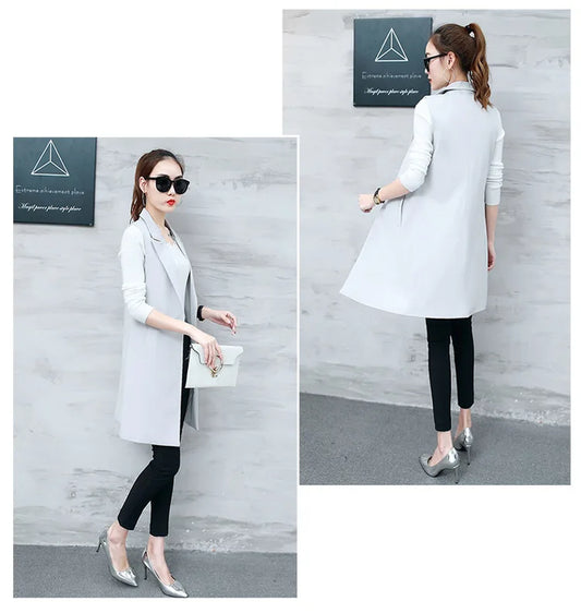 Classic Long Vest Women Elegant Suit Vest Spring Autumn Sleeveless Jackets Outerwear Office Lady Slim Waistcoat 2022