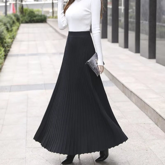 Women'S Autumn Draped Rib Pleated Long Knitted Skirt Elegant Winter Wool Blend A-Line Long Knit Skirt Elastic Waist